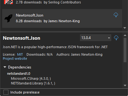 Details pane with version dropdown and dependencies