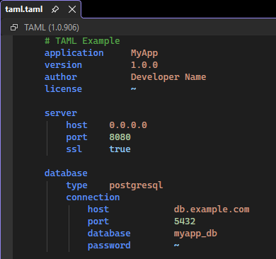 Screenshot showing TAML syntax highlighting and editor features